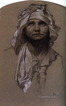  Mucha Oil Painting - Head of a Girl 2 Czech Art Nouveau distinct Alphonse Mucha